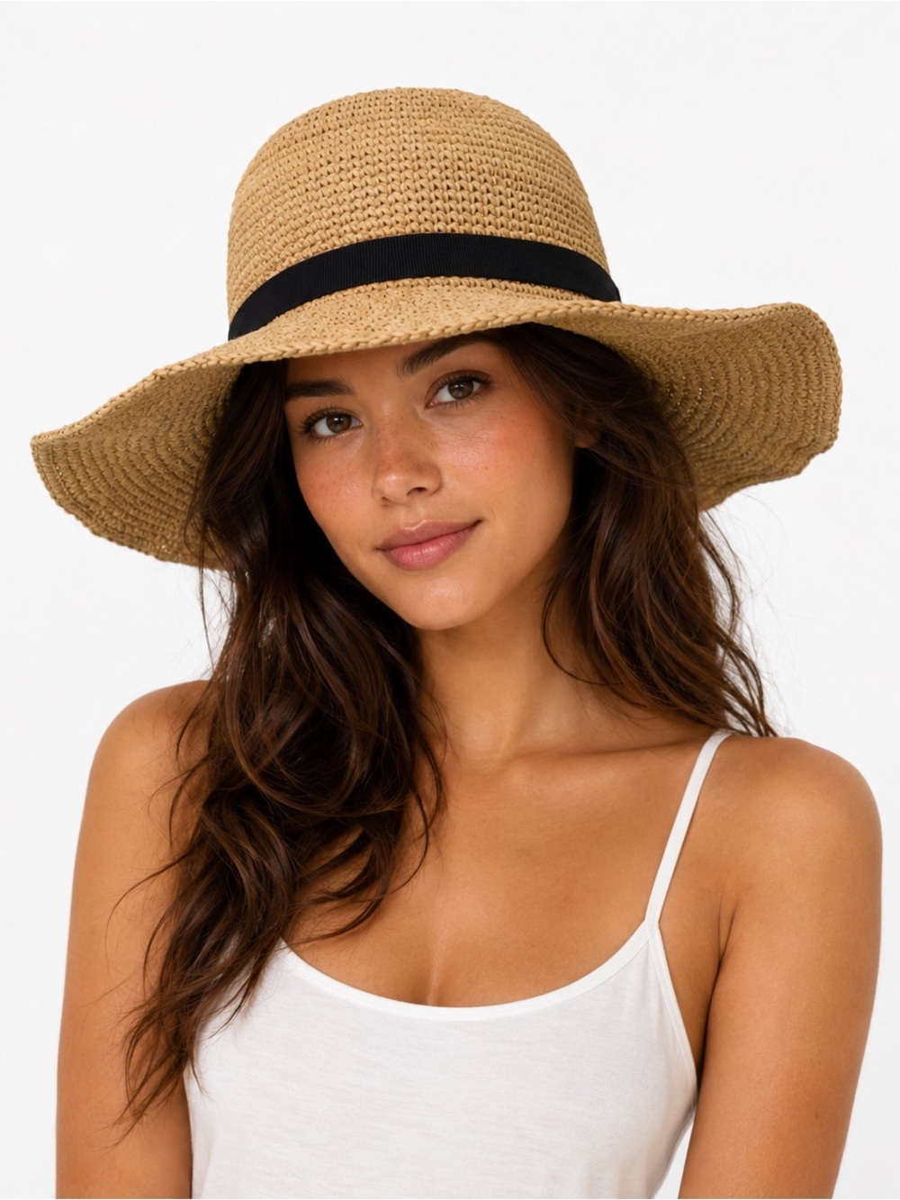 J.Crew Straw Sun Hat Natural Tan Black Band Size S M Wide Brim Beach Neutral